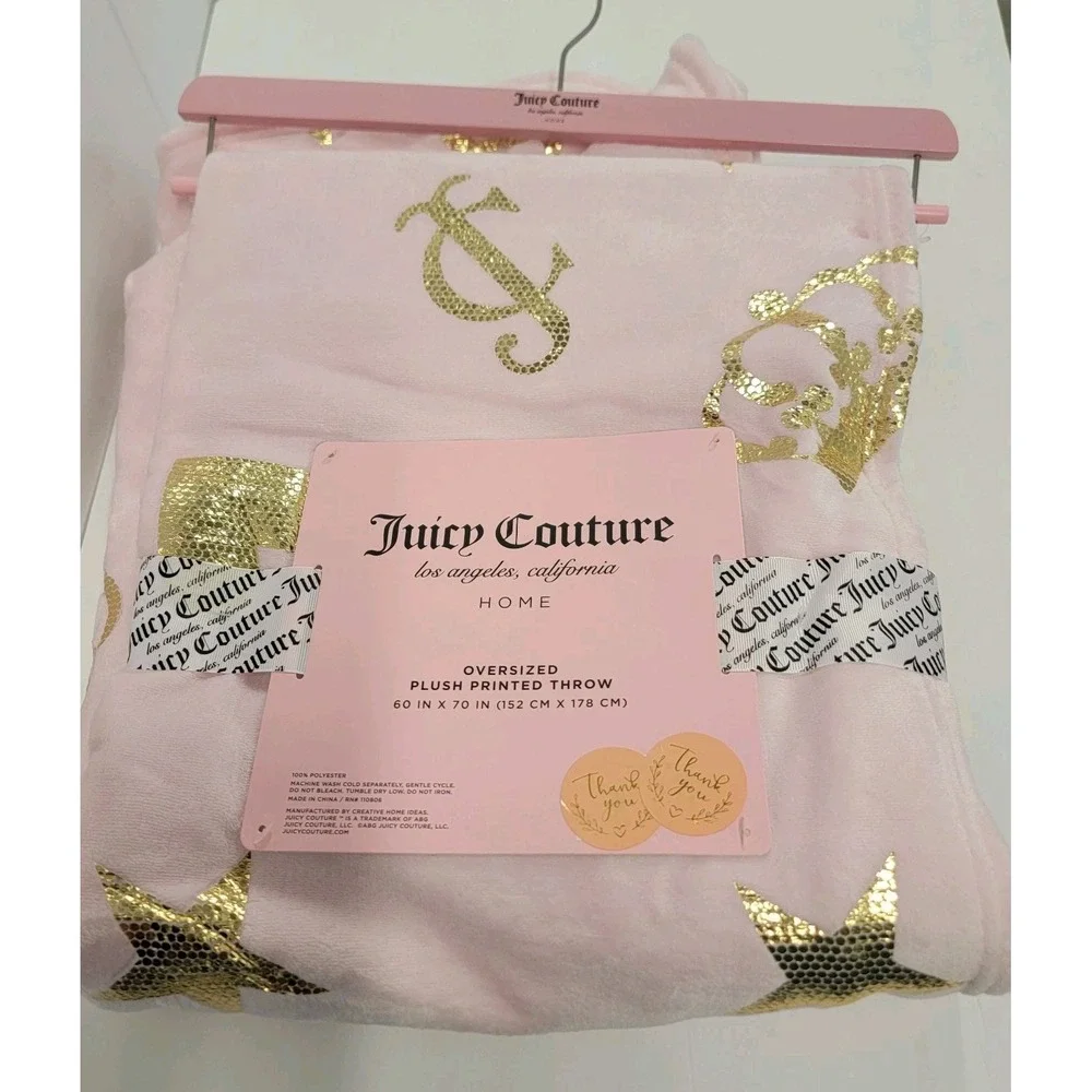 NEW Juicy Couture OVERSIZED Pink Gold Crown‎ Shimmer Printed Throw Blanket 60x70